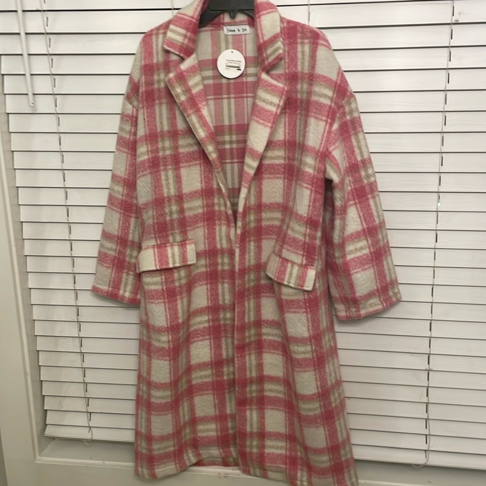 June & Jo, Long, Plaid, Coat, Size Medium
